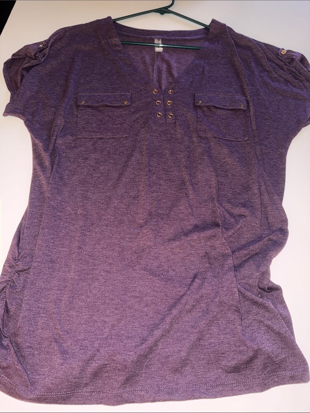Perseption Heather Purple Short Sleeve Tunic with Pocket and Grommet Detail